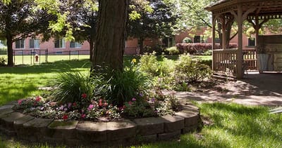 Serene outdoor space with garden and gazebo