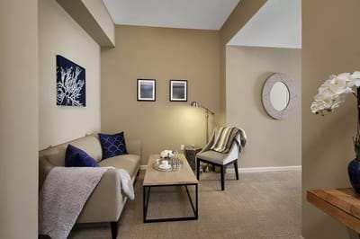 Cozy common area with a sofa and decor