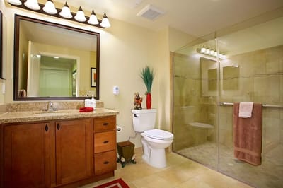 Modern bathroom with a glass shower and vanity