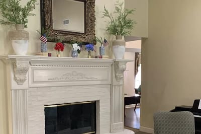 Cozy common area with decorative fireplace and plants