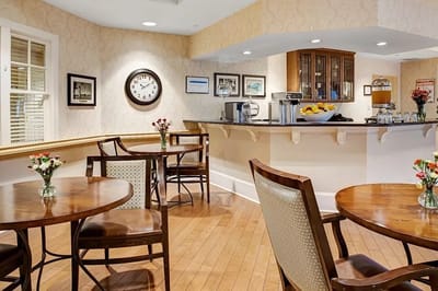 Interior dining area with tables and refreshments