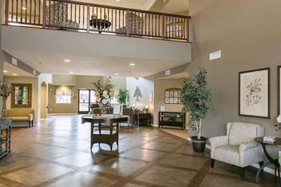 Bright and open lobby area with seating