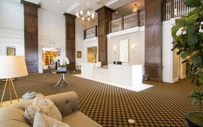 Interior view of a stylish lobby with seating and decor