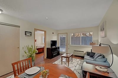 Cozy interior of a resident room with furniture