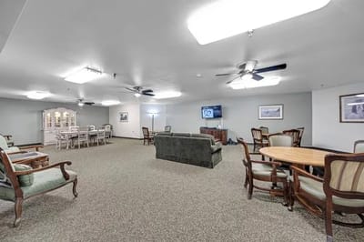 Interior view of a common area with seating arrangements