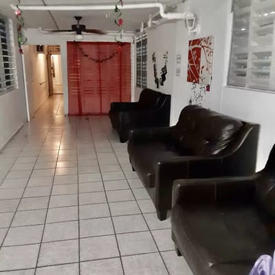 Interior hallway with seating and decorations