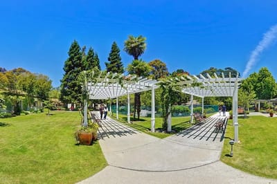 Residents enjoying the garden area with shade structures