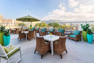 Outdoor seating area with plants and an umbrella.