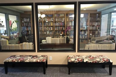 Interior view of a cozy library area with bookshelves
