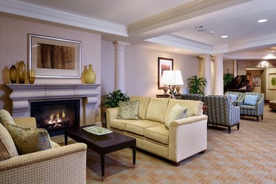 Comfortable lounge area with seating and a fireplace