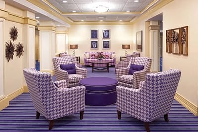 Bright common area with seating and decorative accents
