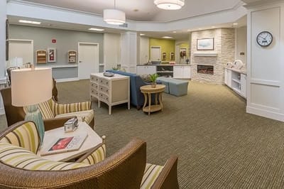 Bright common area with seating and decor
