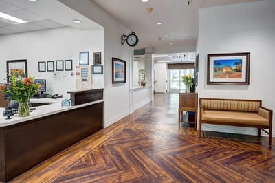 Interior view of the reception area with flowers