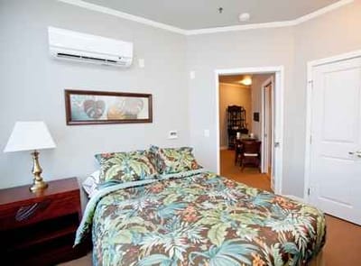Cozy resident room with tropical bedding and a desk