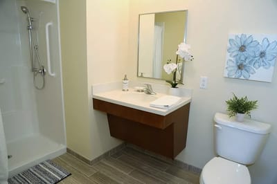 Clean and modern bathroom in a resident room