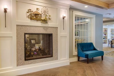 Cozy common area with a fireplace and seating