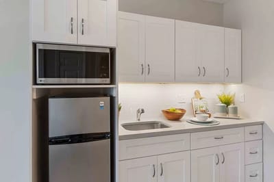 Modern kitchenette with appliances and decor