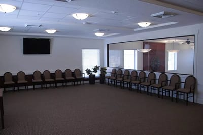 Interior view of a common area with seating