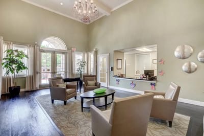 Bright common area with seating and decorations
