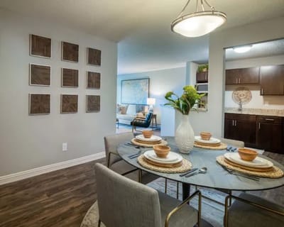 Dining table set with dishes in a cozy apartment