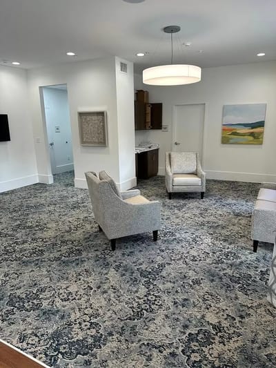 Bright interior common area with seating