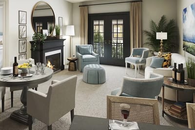 Bright communal room with modern decor and furnishings.