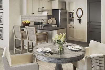 Brightly lit kitchen and dining area setup