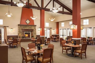 Bright dining room with tables and fireplace