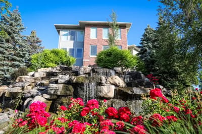 Beautiful outdoor area with water feature and flowers