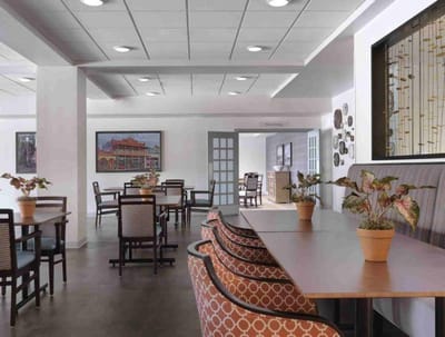 Bright dining room with tables and chairs