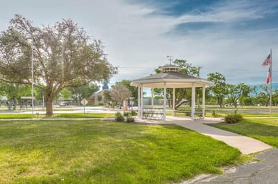 Outdoor gazebo in a landscaped area