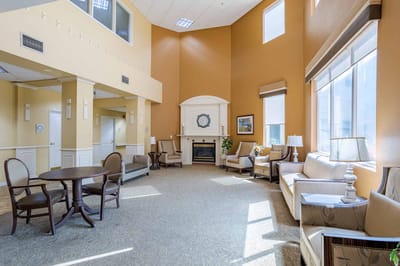 Bright interior of a common area in assisted living facility