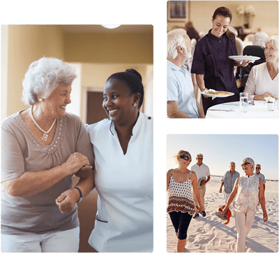 Residents interacting with staff in a dining area