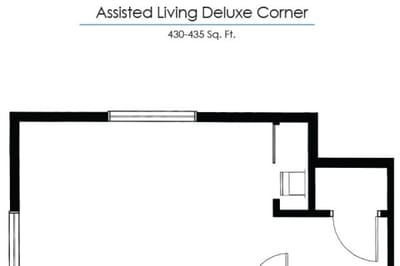 Architectural floor plan of a deluxe assisted living corner unit