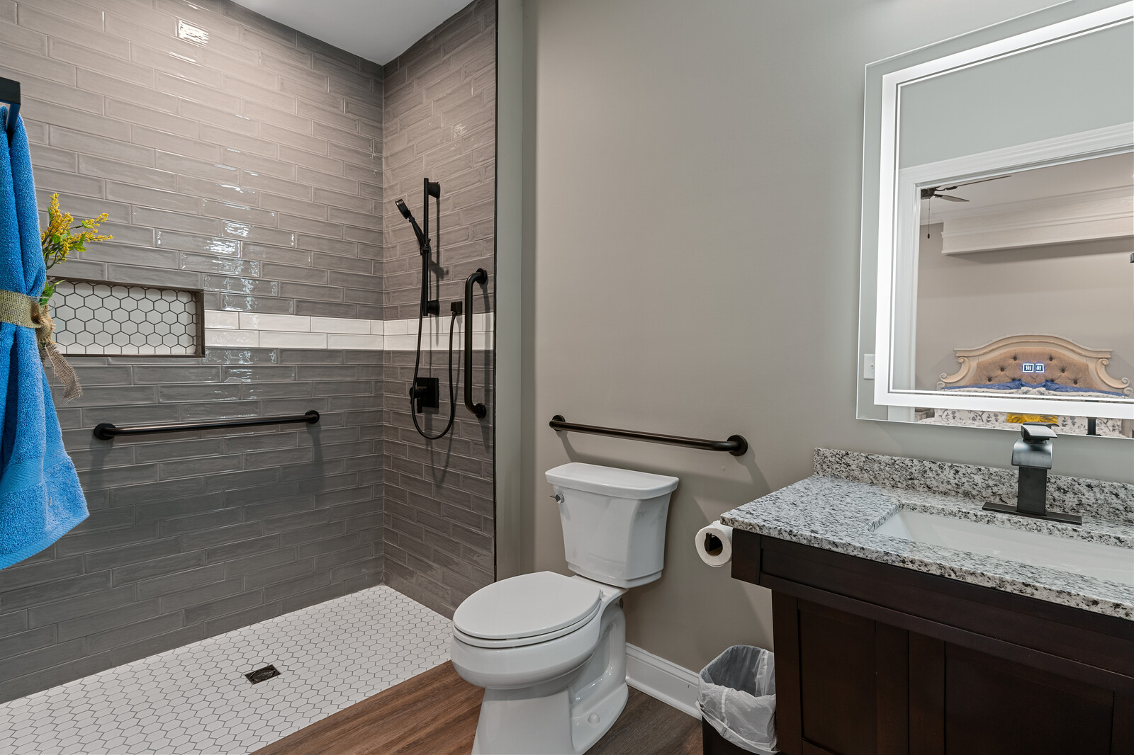 Brightly designed bathroom with modern amenities