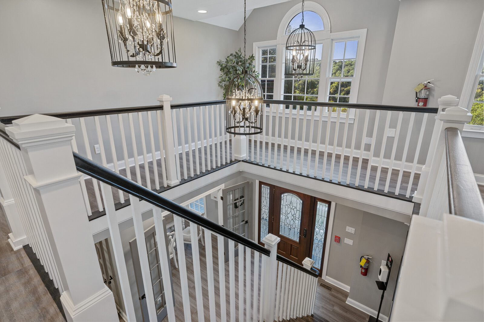Bright and spacious interior with chandelier lighting