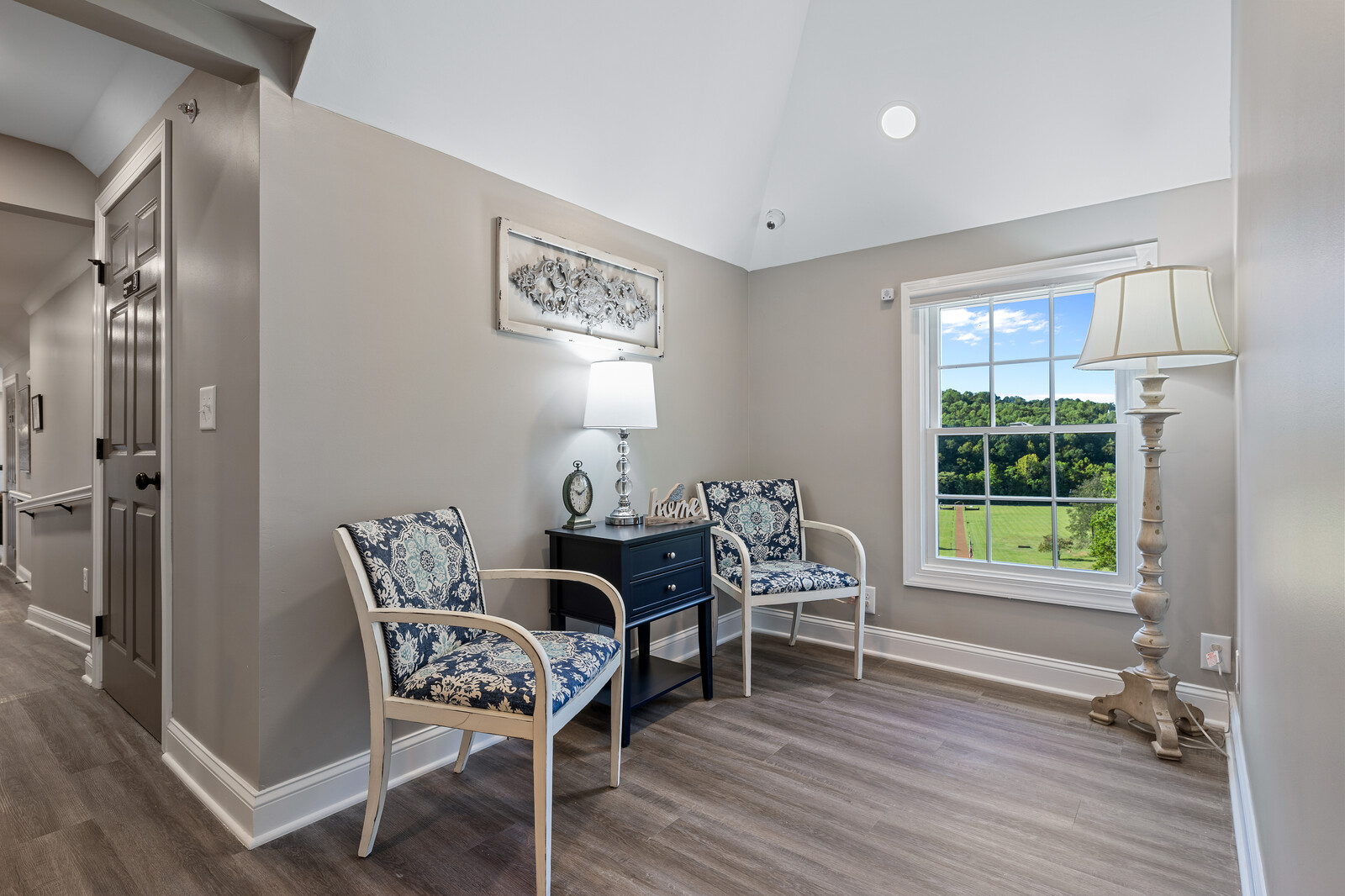Bright interior seating area with view outside