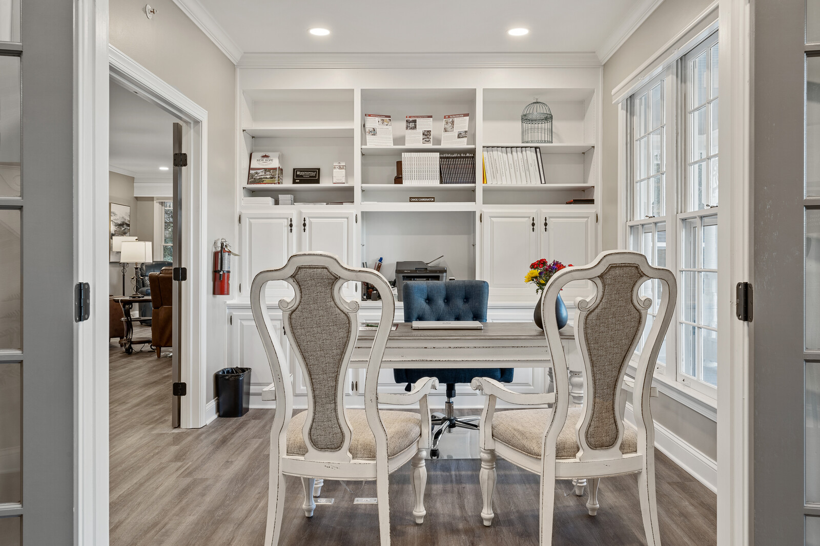 Bright interior space with a desk and chairs