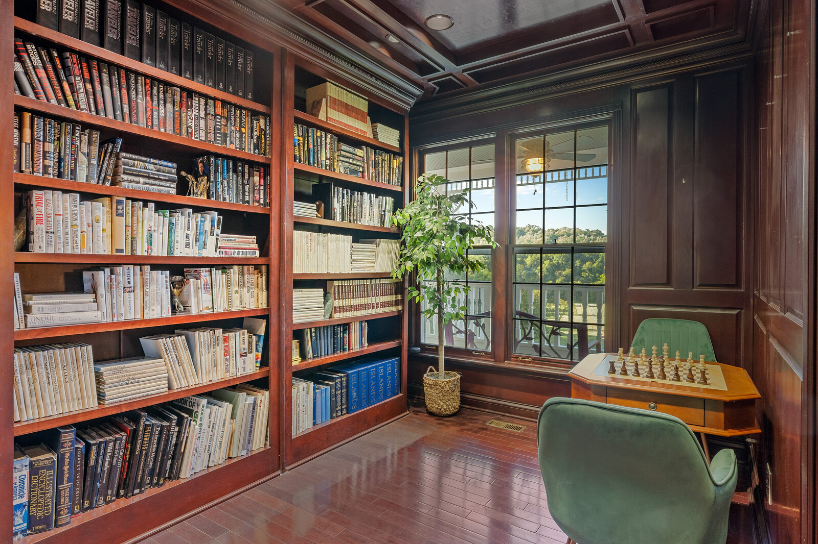 Cozy reading nook with a bookshelf and chess set