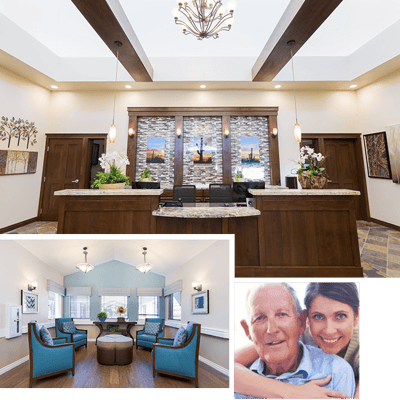 Bright reception area with cozy seating and artwork