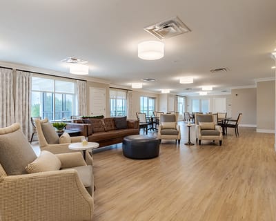 Bright and spacious common area with seating.