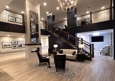 Bright and welcoming common area with seating and decor