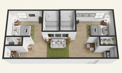 Aerial view of a two-bedroom layout with living area
