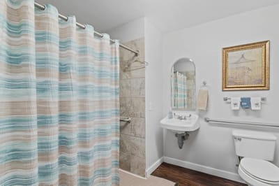 Private bathroom with shower and colorful shower curtain