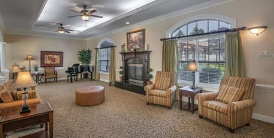 Interior view of a cozy common area with seating