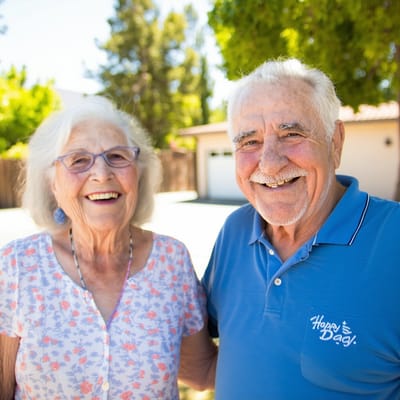 Two smiling seniors outdoors in a sunny setting
