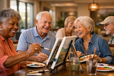 Residents enjoying a painting activity in a common area