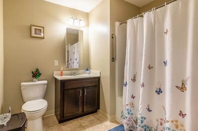 Bright bathroom with a shower and decorative elements