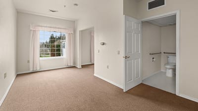 A vacant room with a view and bathroom