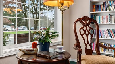Cozy reading area with a lamp and bookshelves